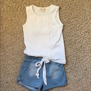 Joyfolie Lace Sleeveless top and denim shorts